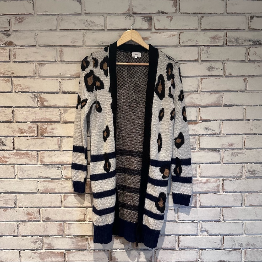 Revolve Lpa Leopard Print Stripe Long Cardigan Xs… - image 1